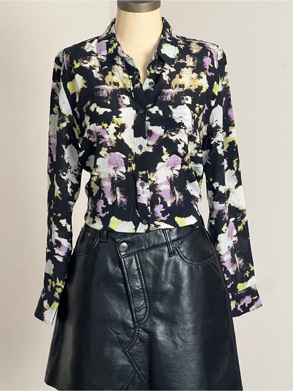 Banana Republic Silk Watercolor Print Long Sleeve Boyfriend Shirt SP